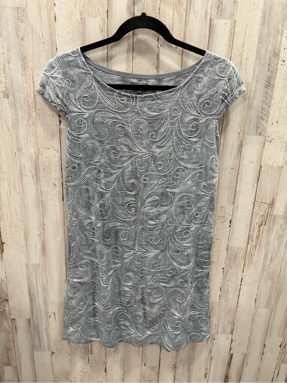 Lina Tomei 100% Linen Embroidered Floral Scroll Shift Dress Gray Cap Sleeve S